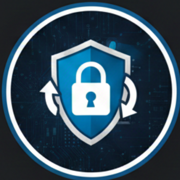 Ein blauer Schild mit einem Schloss-Symbol, umgeben von technologischem Hintergrund.
