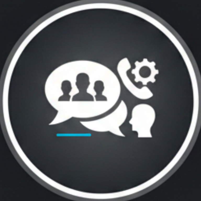 Sprechblasen mit Symbolen für Menschen und Technik, Kommunikation und Zusammenarbeit.