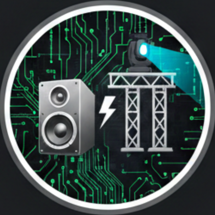 Lautsprecher und Strommast auf digitalem Hintergrund, Symbol für Musik und Energie.